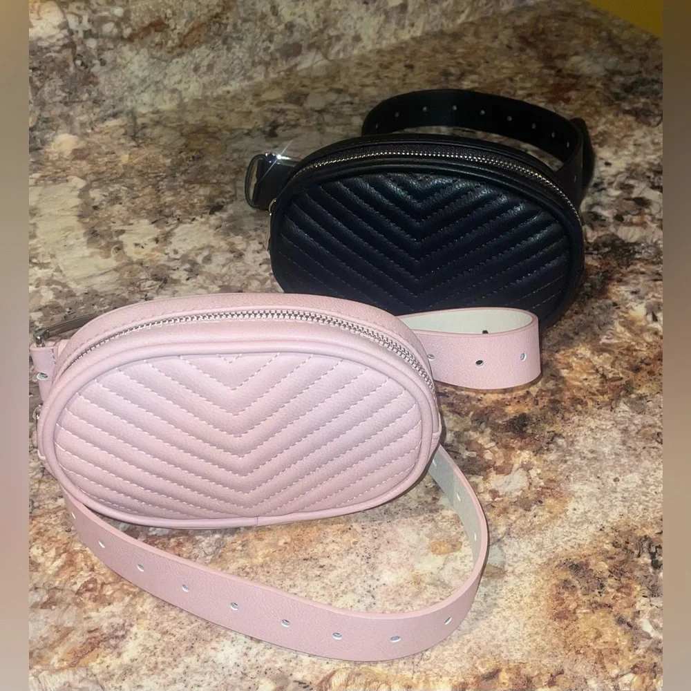 2 Stylish Pink and Black Faux Leather Quilted Women's Belt Bags